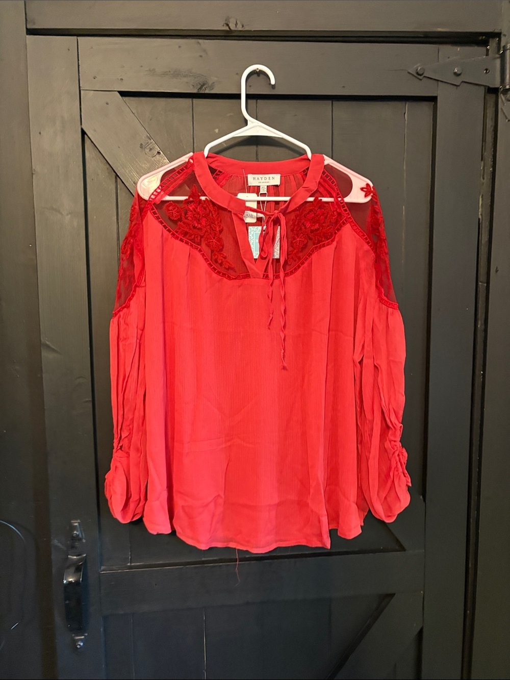 Hayden Red Lace-Detail Cold-Shoulder Blouse